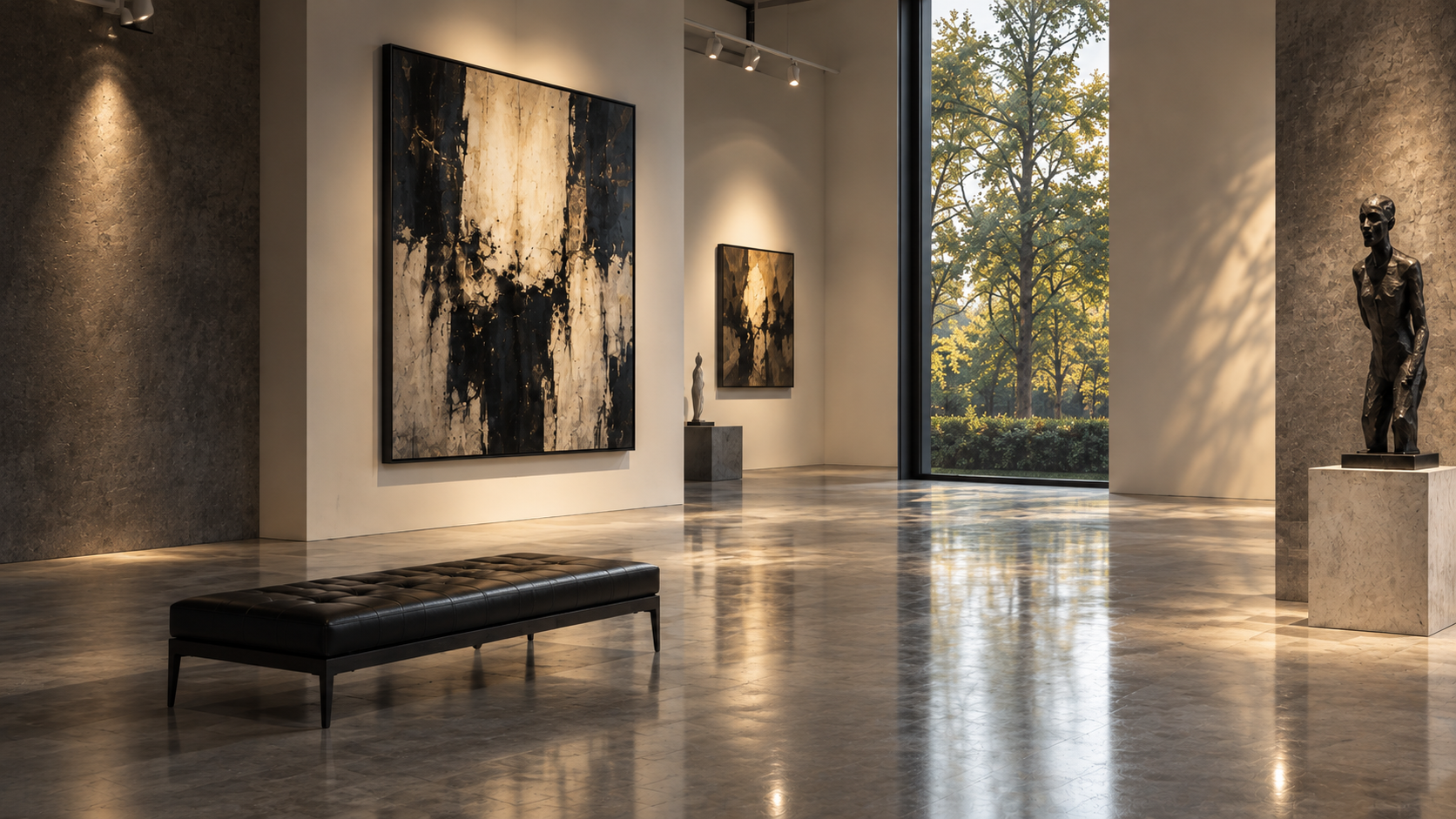 Luxury contemporary gallery interior with abstract paintings and sculpture