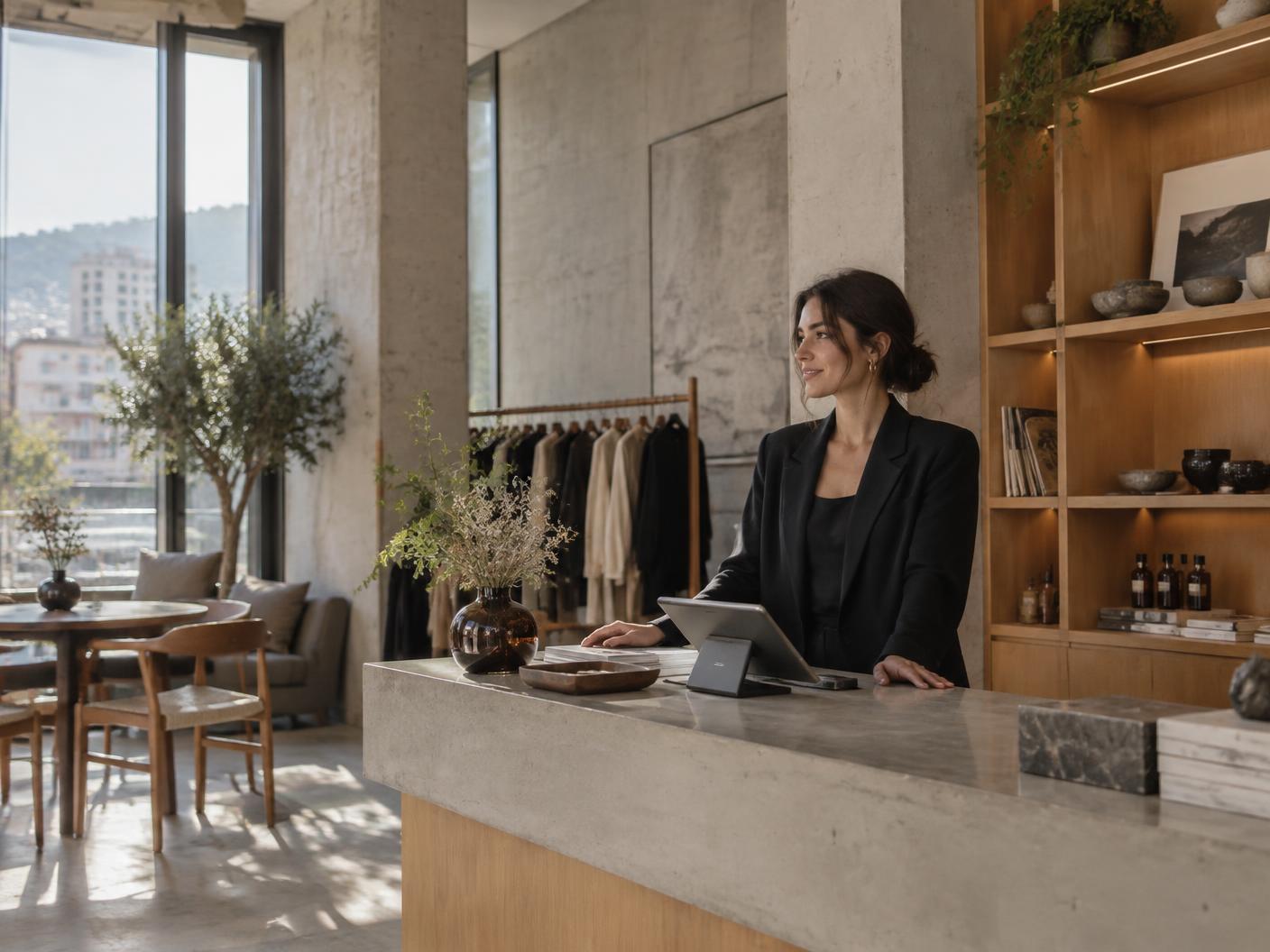 A modern independent retail interior in Kosovo with a card terminal at the counter